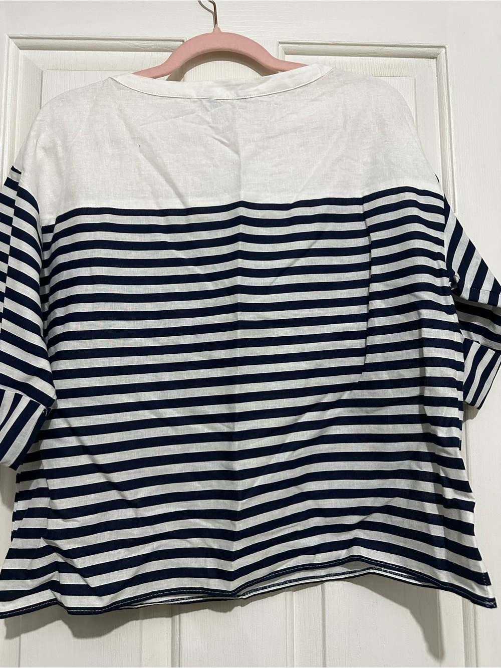 Zara Navy and White Striped Short Sleeve Button-Shoulder Top - Picture 9 of 10